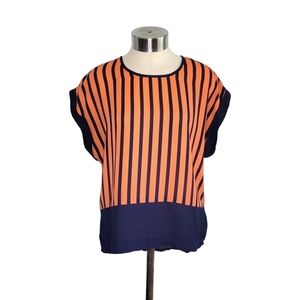 Women's Navy Blue & Orange Striped High Low Cap Sleeve Lightweight Blouse Size S